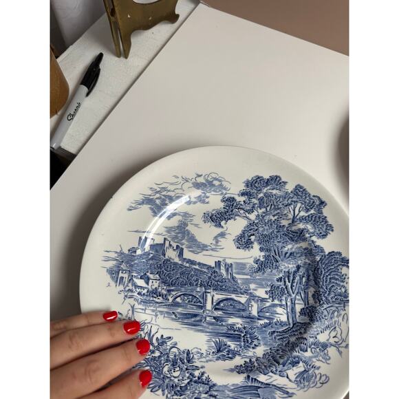 Vintage Wedgwood Dinner Plates Set of 4 Blue Transferware "Countryside" Pattern - Picture 9 of 15